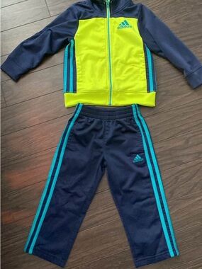 adidas Boys Neon Yellow & Navy Tracksuit with Teal Stripes